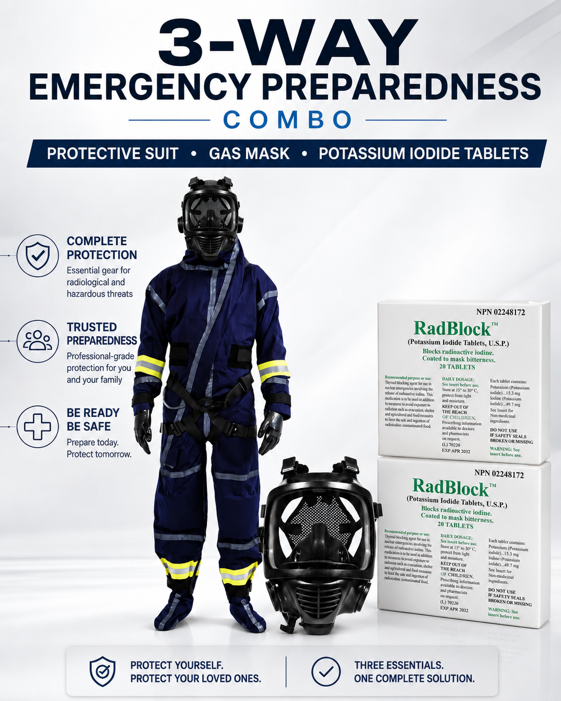 3 Way Combo MIRA Safety CM-6M Tactical Gas Mask + ICE CBRN Multi-Use Protection Suit + RadBlock Potassium Iodide Tablets