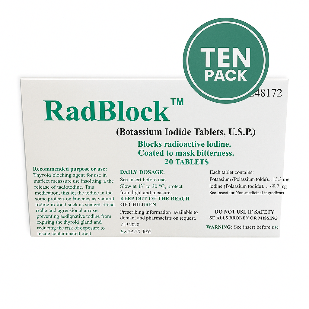 Ten Pack RadBlock 20's Coated Scored Potassium Iodide Tablets (KI) - KI Canada