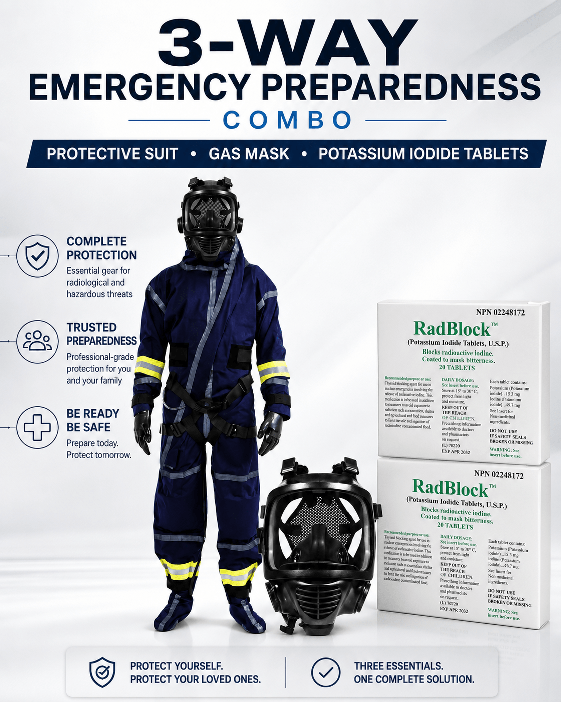 3 Way Combo MIRA Safety CM - 6M Tactical Gas Mask + ICE CBRN Multi - Use Protection Suit + RadBlock Potassium Iodide Tablets - KI Canada