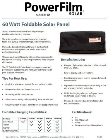 Powerfilm 60 Watt Foldable Solar Panel (F16 - 3600) Ultralight - KI Canada